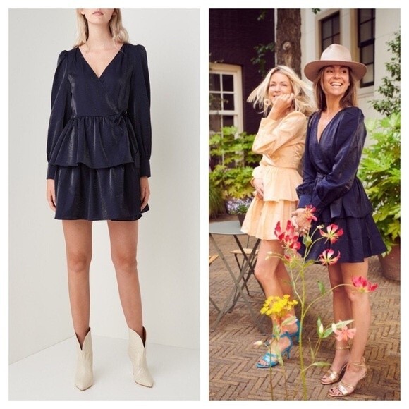 Navy Metallic Tiered Ruffle Long Sleeve Mini Dress BAUM UND PFERDGARTEN Akeisha - Picture 1 of 16